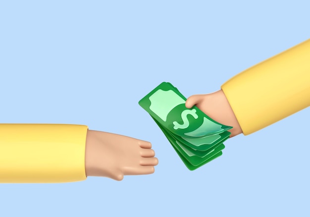 3D cartoon human hand giving money to other hand Pay for something Hand holds dollar banknotes Money investments Giving money Vector 3d illustration