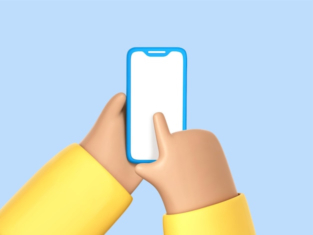 3D cartoon human hands with smartphone with blank screen isolated on blue background Finger touch empty display of smartphone Vector 3d Illustration