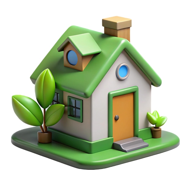 Vector 3d cartoon illustration of a green house with a chimney door and windows