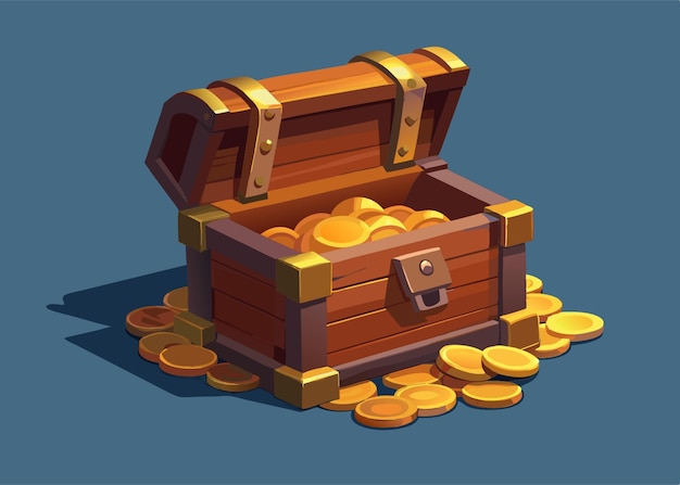 Vector 3d cartoon open treasure chest vector illustration isolated on white background pirate treasures