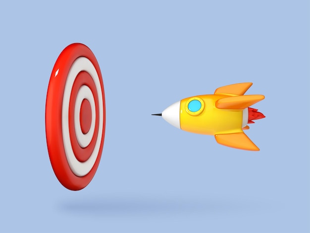 3D cartoon rocket flies to the center of the target on blue background Business target achievement concept Vector 3d illustration