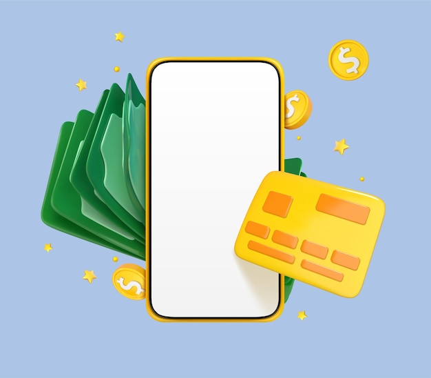 3D cartoon smartphone with credit card and money Online payment concept Mobile wallet application Banking app Transfer money via smartphone Vector 3d illustration