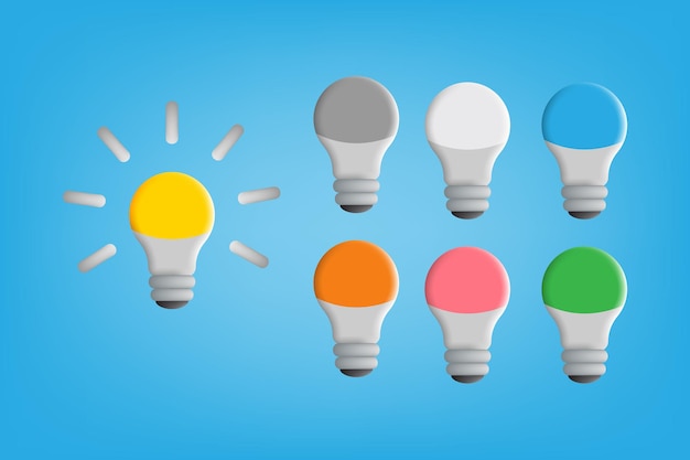 3D cartoon style of bulb light idea set collection in multicolor object. Vector illustration