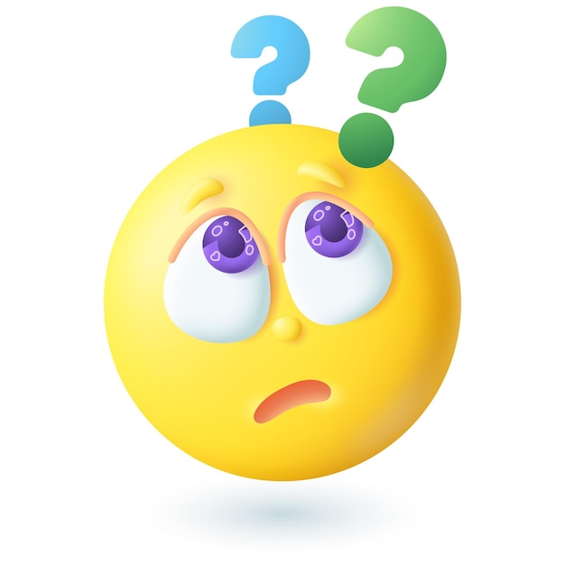 3d cartoon style emoticon with question marks above head icon. Confused yellow face thinking, looking for solution flat vector illustration. Emotion, expression, decision, choice concept