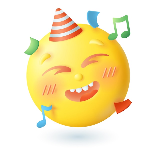 3d cartoon style happy emoticon with party hat icon. Cute yellow face celebrating anniversary or birthday flat vector illustration. Emotion, congratulation, joy, communication concept