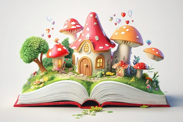 Vector 3d cartoon style open book with fantasy world coming out of it cute houses and mushroom in the scene pixar artstyle white background ar 32 v 61 job id 8db65bca429d49f6a4fe8f585aea70e9