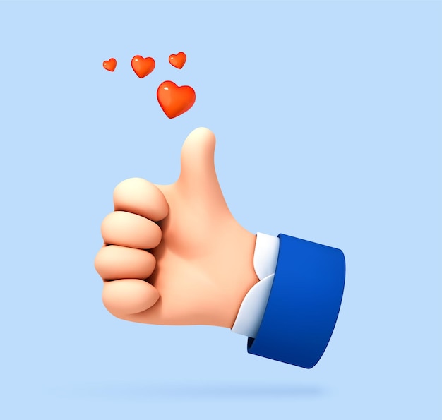 3D cartoon thumb up hand gesture isolated on blue background Hand thumb up or like sign Social media concept Vector 3d illustration