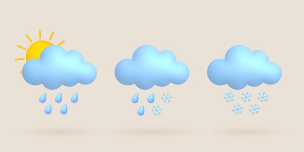 3d cartoon weather icons set Sun cloud rain snow