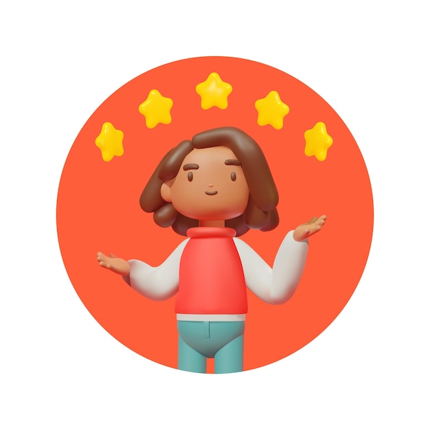 3D cartoon woman points to the five stars Concept of customer review rating and feedback