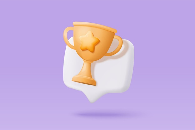 3d celebrate winners with golden cup prize winners stars in bubble Award ceremony concept on pedestal with cartoon style 3d trophy icon vector render illustration isolated on purple background