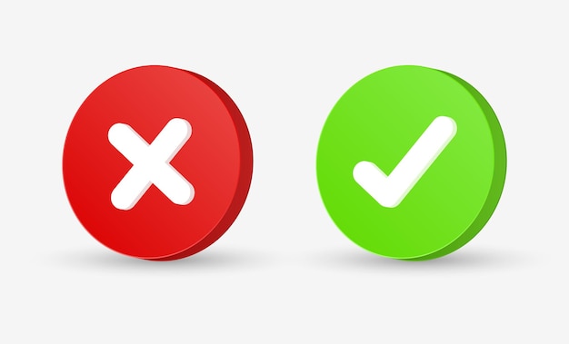 3d check mark button Correct and incorrect sign or green tick and red cross