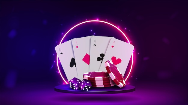 3D chips dice and cards for poker and casino on the podium with a bright neon arch in blue and purple on a light background