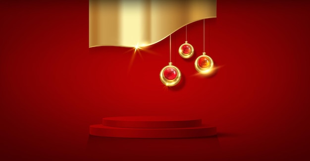 3D Christmas podium, New Year party, gold baubles with product display cylindrical shape, golden