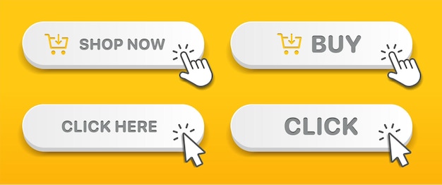 3d click here buttons click more add shop action symbol hand cursor and arrow pointing add to cart