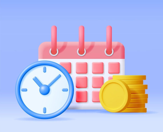 3D Clock Calendar and Golden Coins