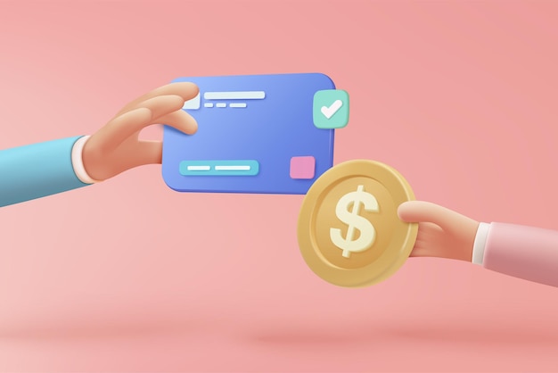 3D coin exchange via credit card on pink pastel background holding money in business hand concept finance investment and online payment 3d money exchange icon vector render illustration