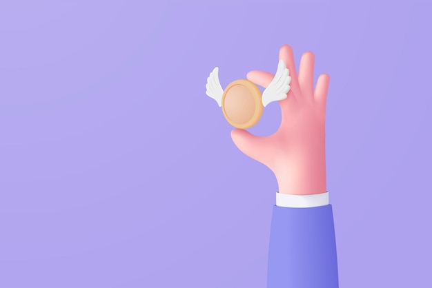 3D coin with wings in hand holding on purple background Floating currency lost money money saving bank finance business investment concept 3d online payment icon vector render illustration