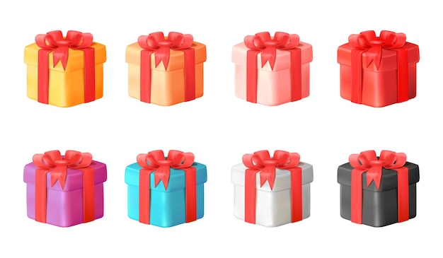 3d color giftbox Present gift boxes icon closed pink orange purple red prize soft bow birthday surprise set realistic minimal design tidy isolated vector illustration