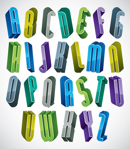 3d colorful letters tall alphabet made with round shapes, dimensional geometric font in blue gray and green colors, bright and glossy letters for design and advertising.