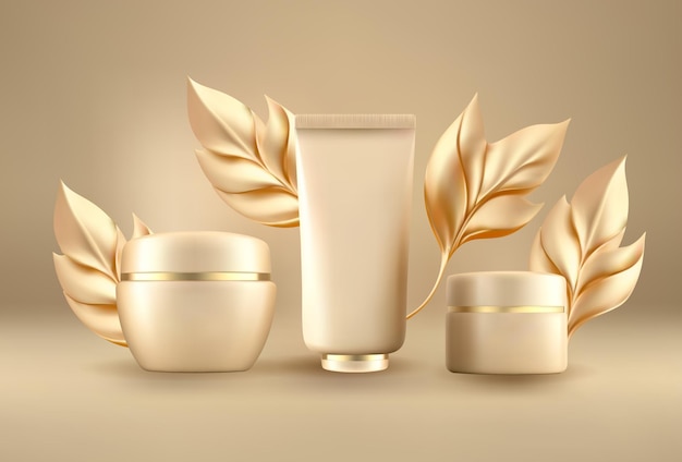 3d cosmetics background gold cream vector package mockup with realistic leaves Elegant cosmetic scene