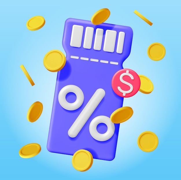 3d Coupon with Percent Symbol and Coins