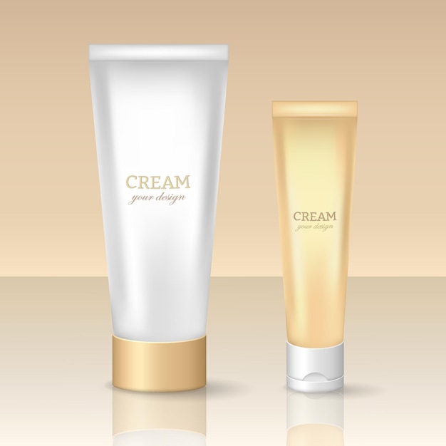 3d cream tubes in gold and white style Skincare items mockup cosmetic products for logo design