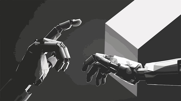 Vector 3d cube design with robotic hands in monochrome blurred background