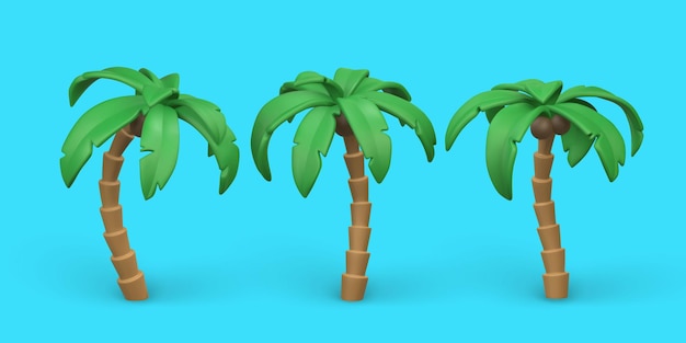 3D Cute cartoon tropical palm tree Realistic jungle tree on blue background Summertime object Vector illustration