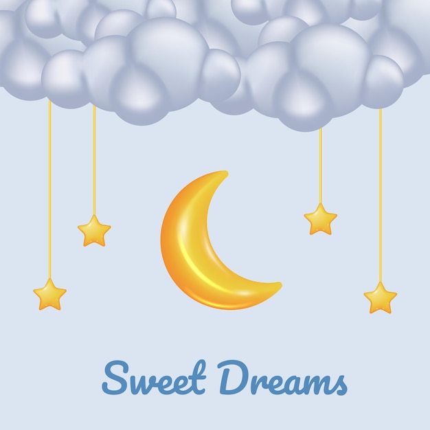 3D cute golden moon crescent toy with cloud and hanging star poster baby shower concept for sweet dream lullaby