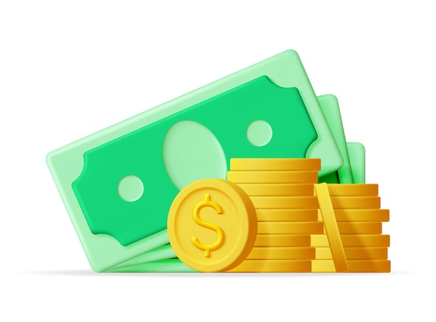 3D Dollar Banknote and Gold Coin Icon