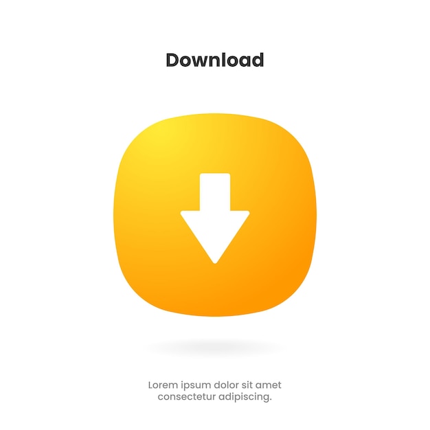 3D download icon button. Upload icon. Down arrow bottom side symbol. Save cloud icon push button.