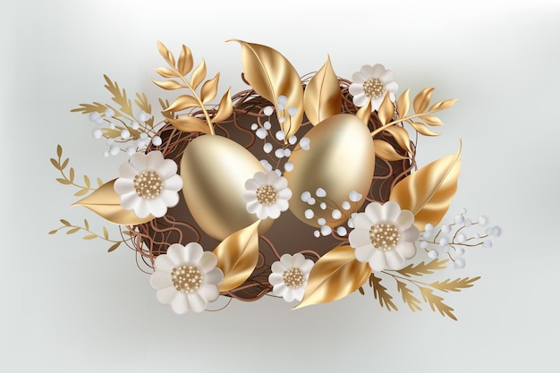 3d Easter gold eggs in a nest realistic vector egg illustration with white flowers