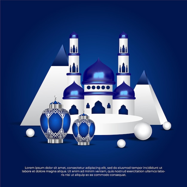 3d Eid al adha mubarak beautiful islamic lamp and moon blue background