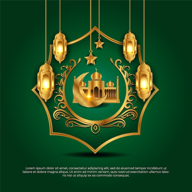 3d Eid al adha mubarak islamic beautiful green golden mosque lamp star background