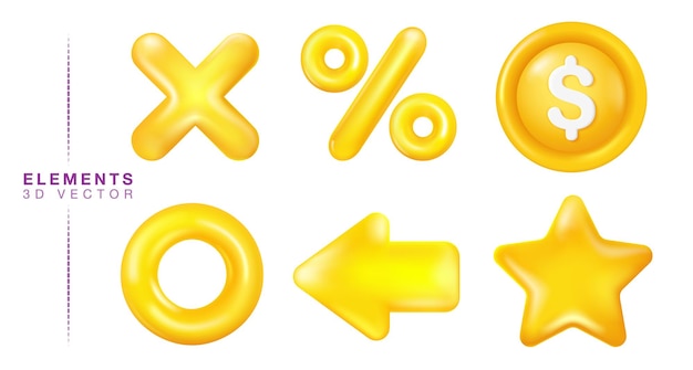 3D Element plastic icon set, dollar coin, multiplication sign, star, arrow, percentage sign, circle.