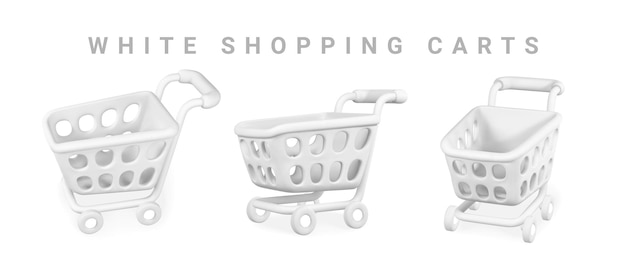 3d empty white shopping carts on a white background. Shopping concept. Vector illustration.