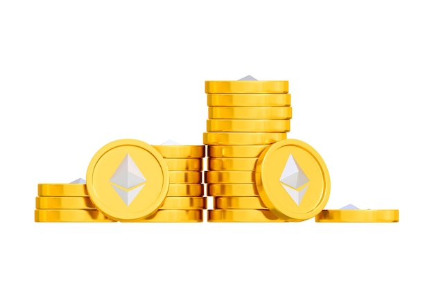 3d ethereum cryptocurrency stack of golden coins money realistic Vector illustration Financial assets and electronic payment growth of income due to mining and investment Global currency