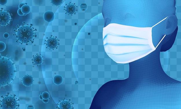 3D female portrait in a medical mask against the background of bacteria viruses spores and dust