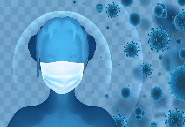 3D female portrait in a medical mask against the background of bacteria viruses spores and dust