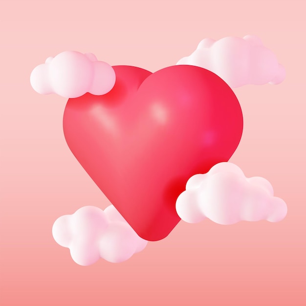 3D Fluffy Cartoon Clouds with Red Heart