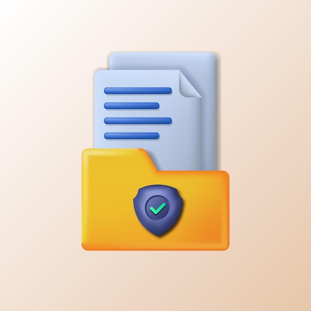 3d folder document paper security privacy firewall encryption cute icon illustration concept for digital cyber data internet network secure