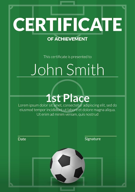 A 3D football ball vector illustration on a green field with on a certificate template