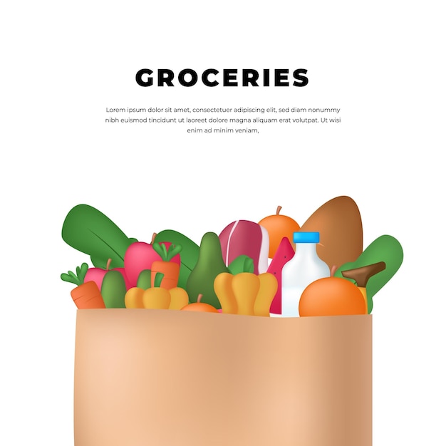 3d fresh groceries shop retail with paper bag delivery fruit vegetable food