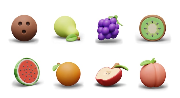 Vector 3d fruits nuts berries whole objects and halves on white background