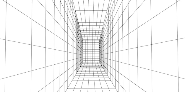 Vector 3d futuristic wireframe room on white background abstract perspective grid vector illustration