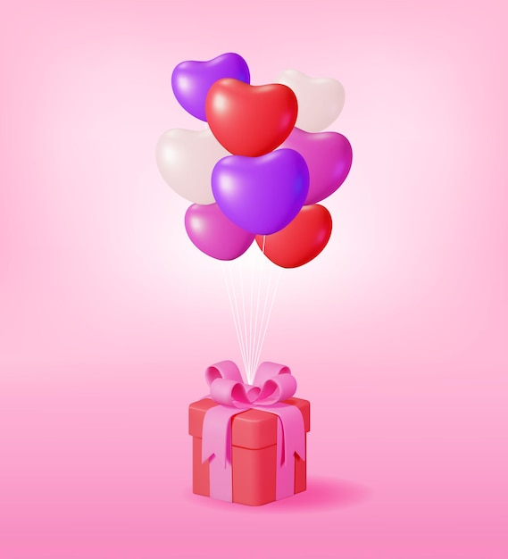 3D Gift Box with Heart Balloons on Pink Background