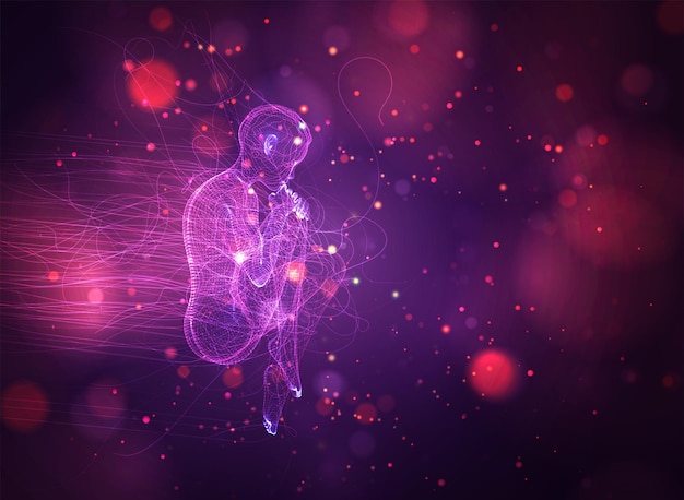 3d girl from dots and splines, among wavy threads and circles on neon purple and pink background