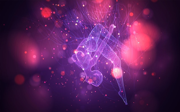 3d girl from dots and splines, among wavy threads and circles on neon purple