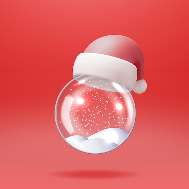 Vector 3d glass christmas snow globe with santa claus hat isolated render spere with cap happy new year decoration merry christmas holiday new year xmas celebration realistic vector illustration