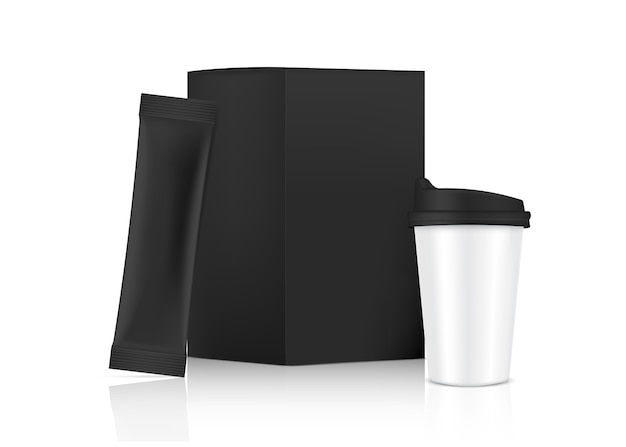 3D Glossy Stick sachet mockup and Cup with paper box isolated on white background.  . Food and beverage Packaging concept design.